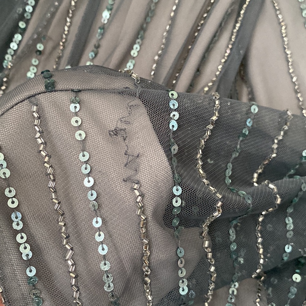 Adrianna Papell Silver Sequined V-Neck Flutter Sleeve Evening Gown - Picture 10 of 16